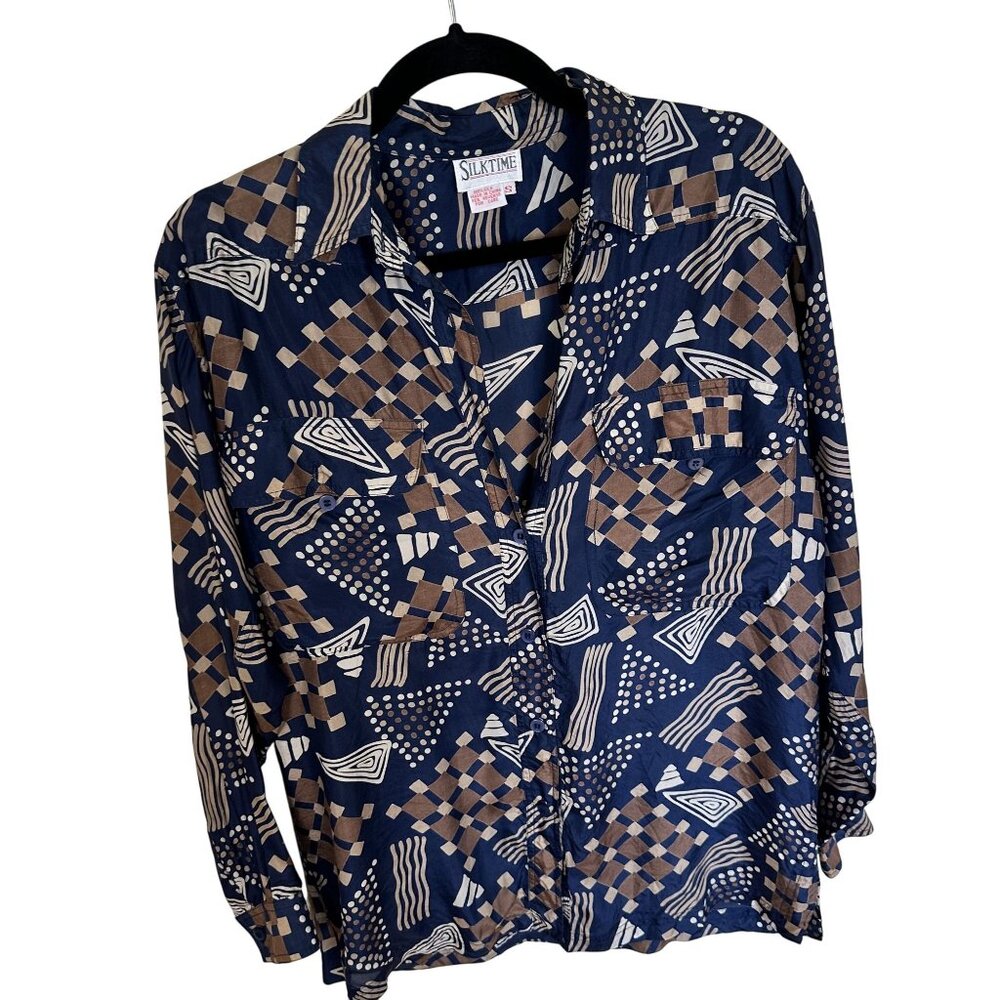 Vtg Silktime Womens Button Up Shirt Small Geometric Print 100% Silk 90s Blue
